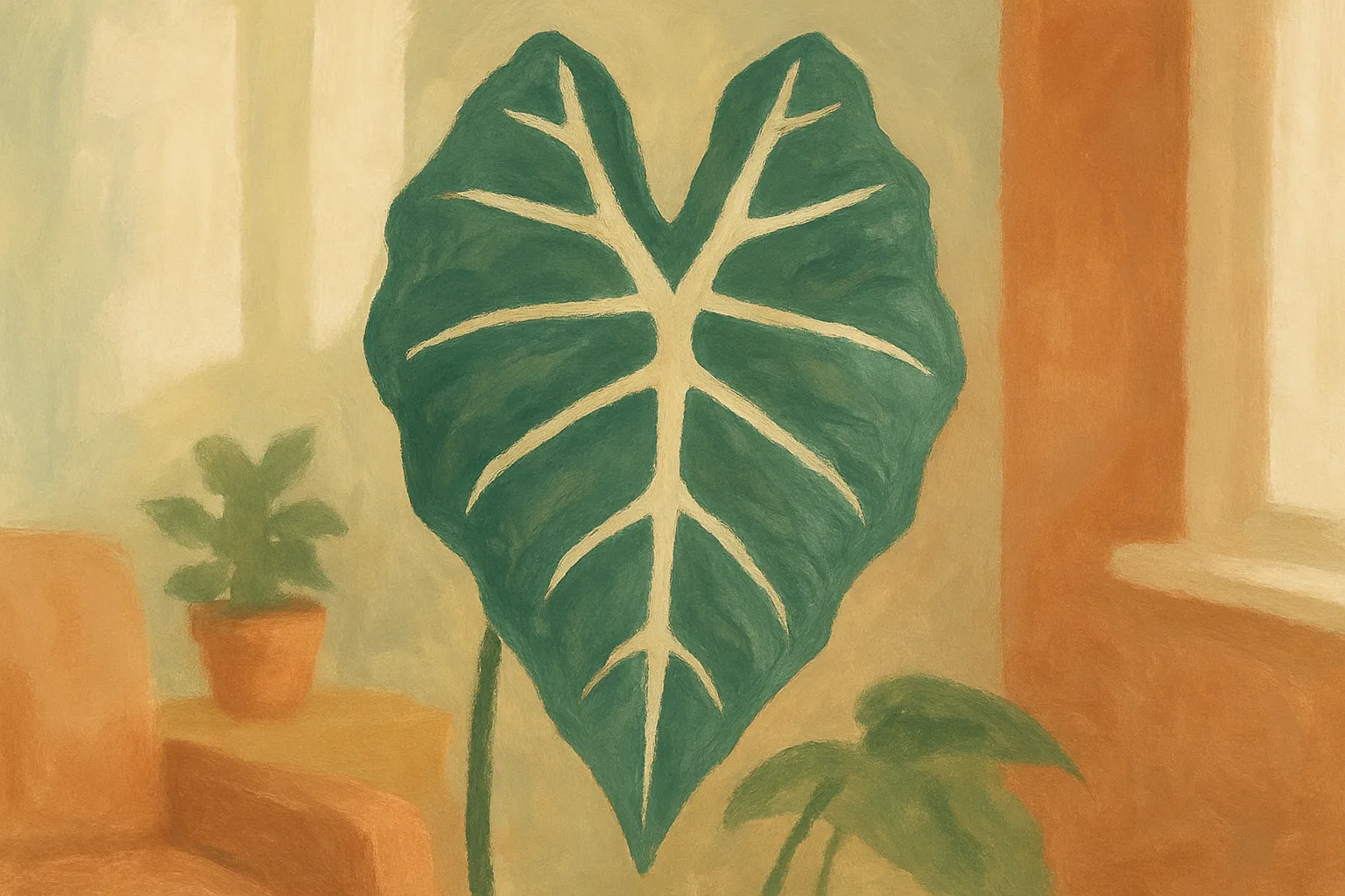 Close-up of an Alocasia leaf showing its bold arrow-shaped veining.