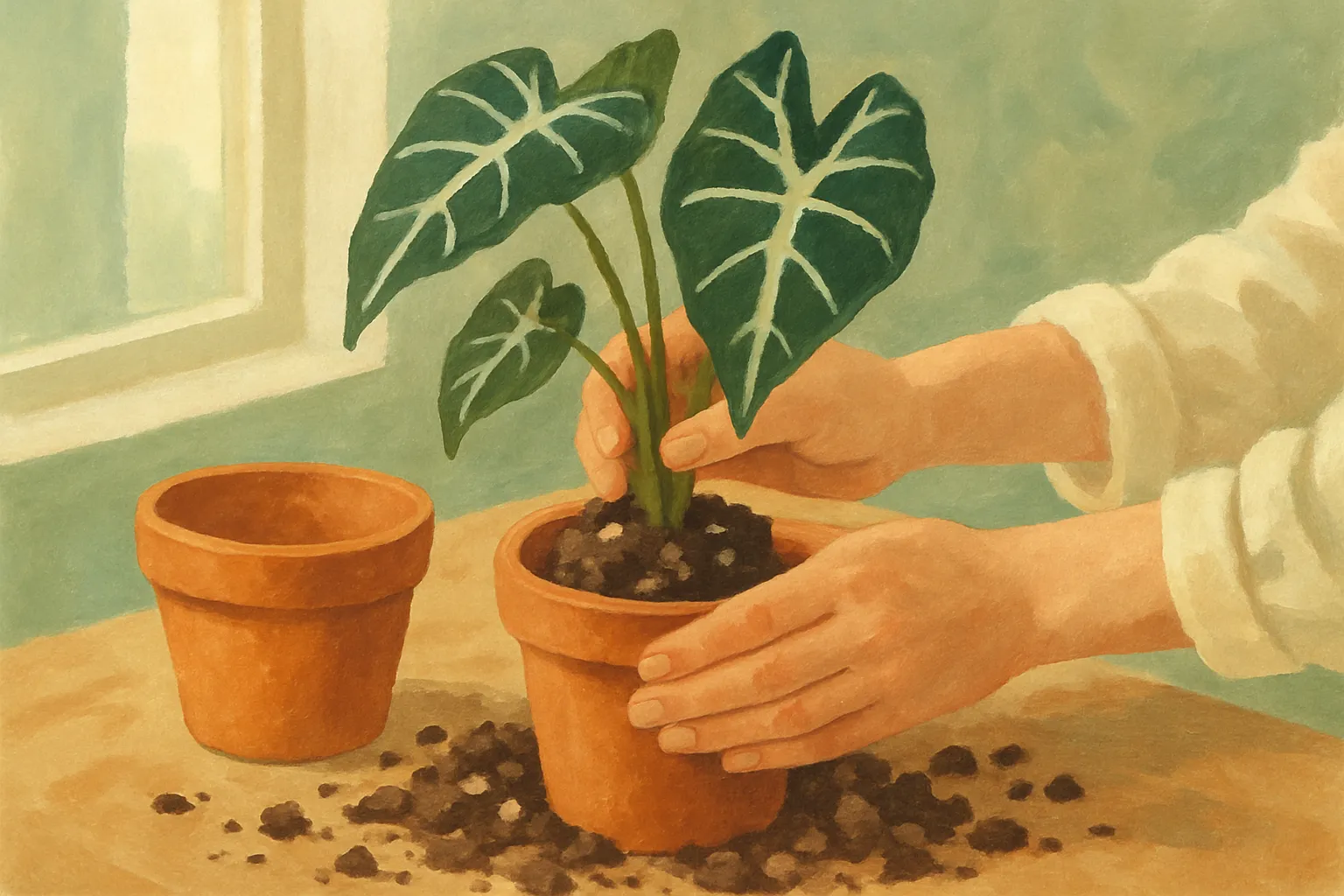 Hands repotting an Alocasia into a slightly larger terracotta pot.