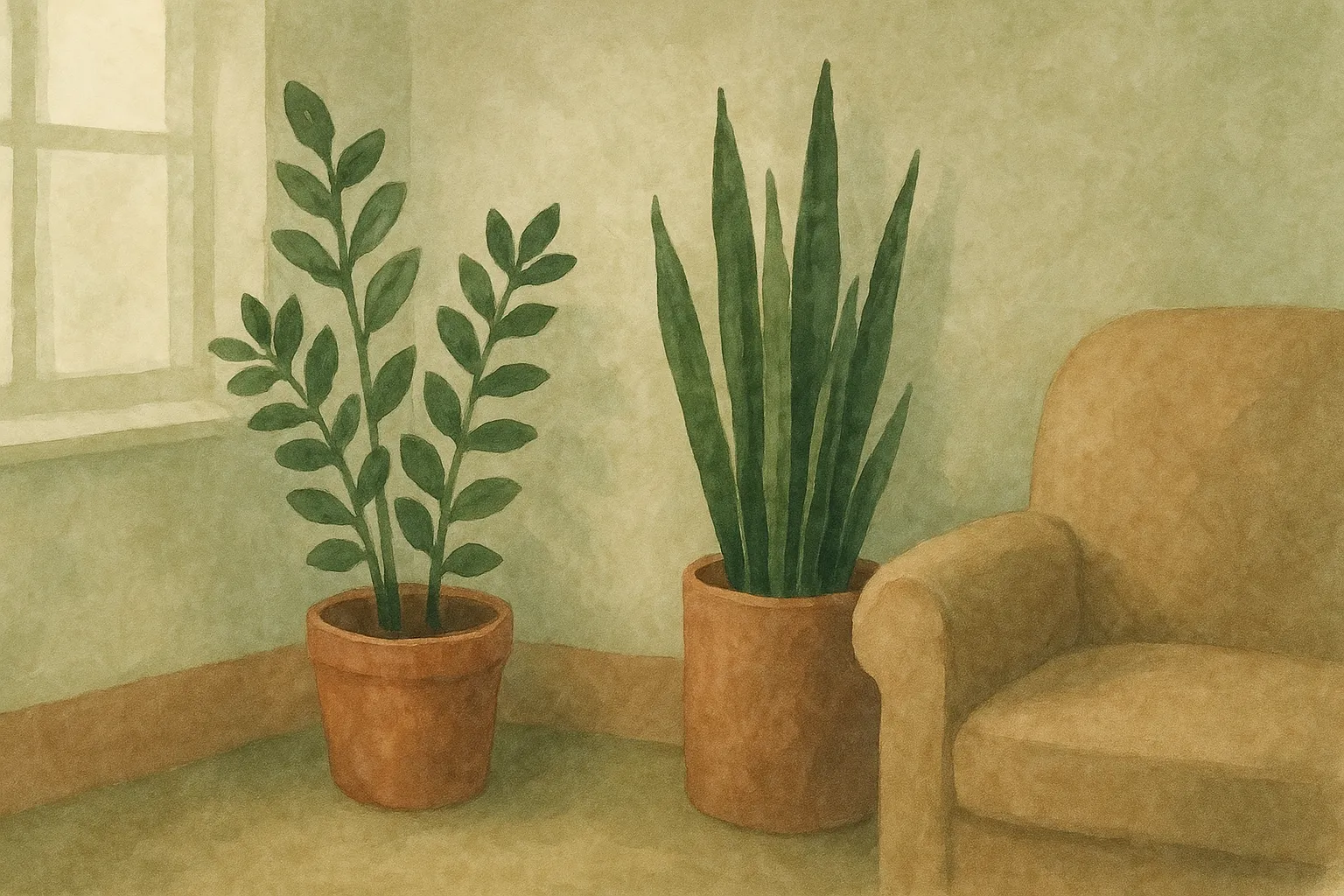 A ZZ plant and a snake plant thriving together in a shady corner.