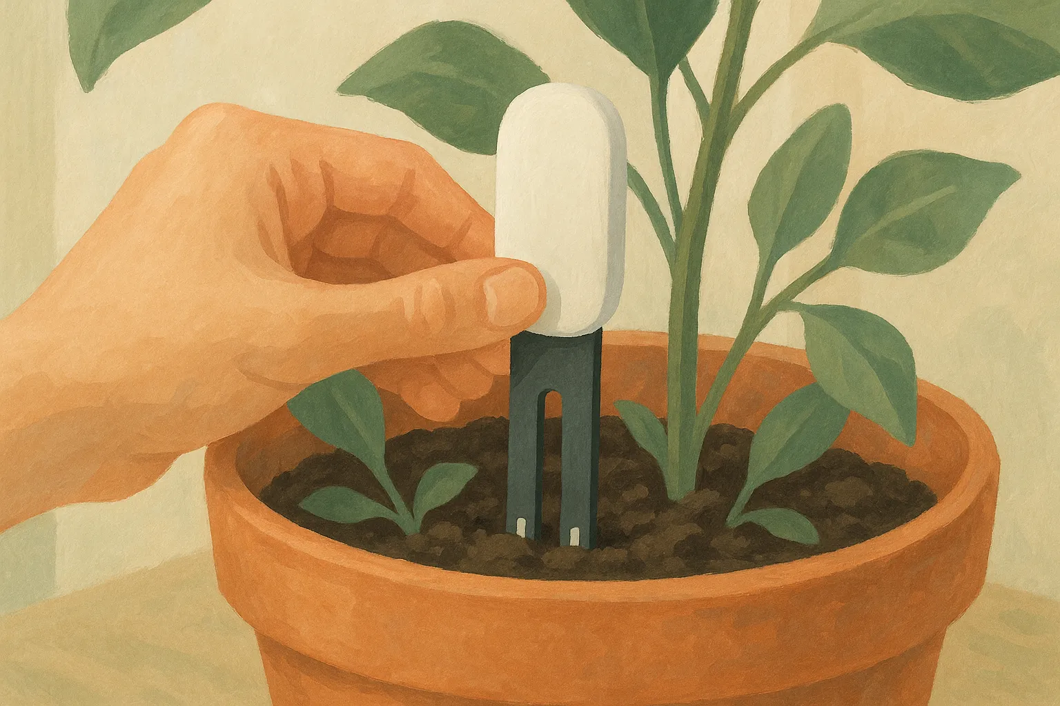 Pressing a Mi Flora sensor into the soil of a potted plant.