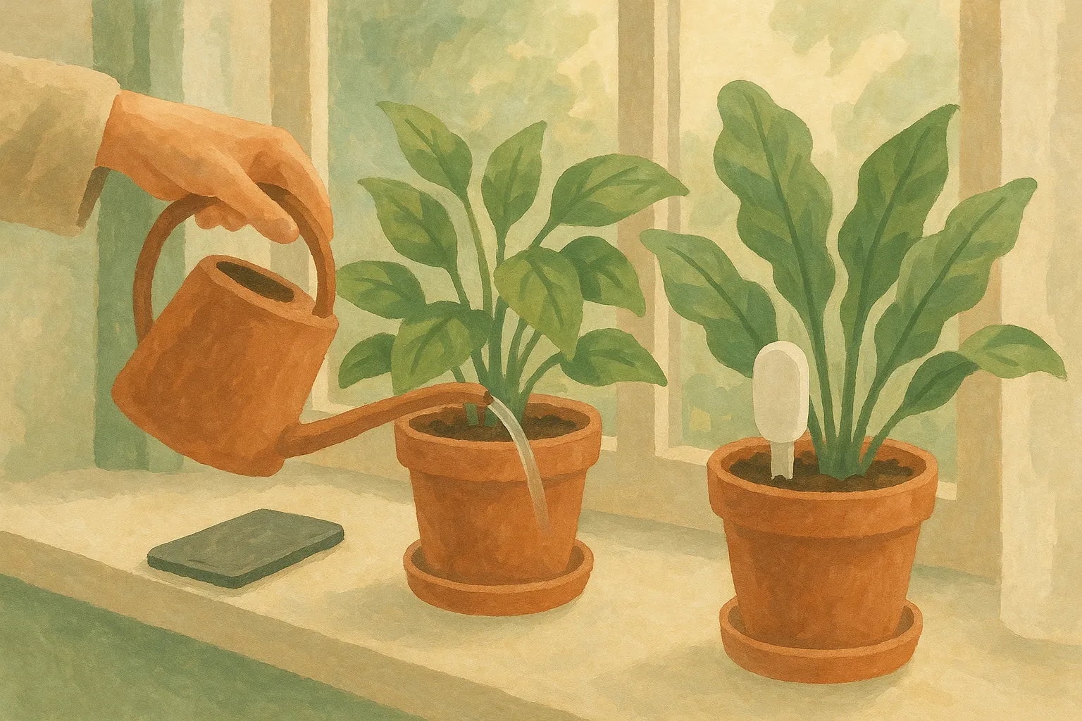 Watering houseplants on a windowsill with a phone resting nearby.