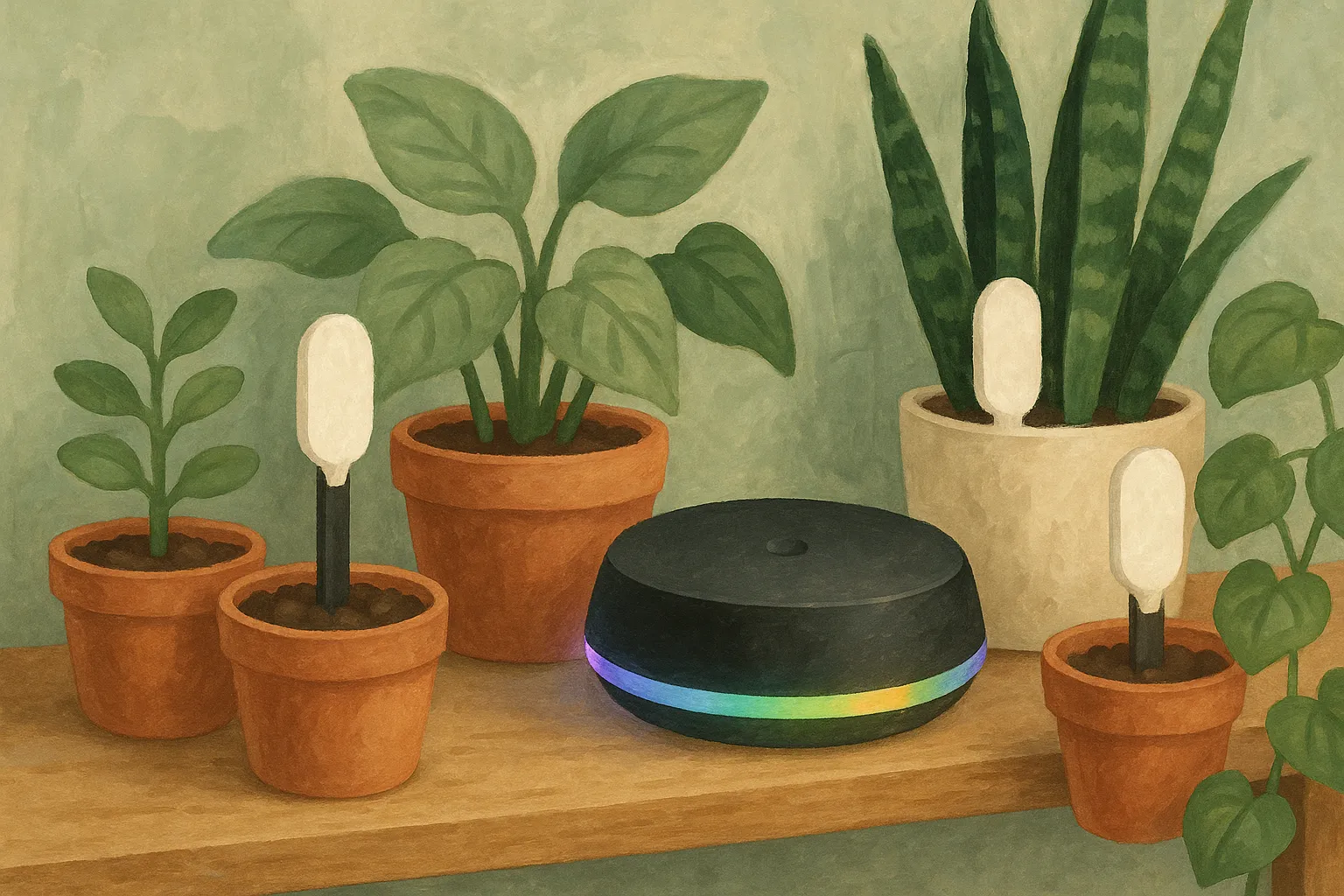 A shelf of potted plants with sensors and a smart-home hub.