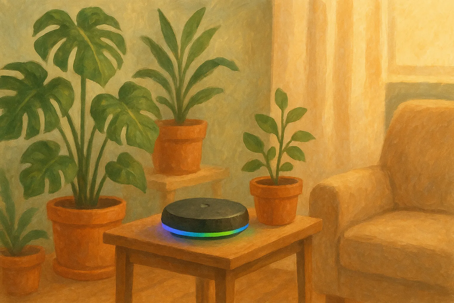 A living-room corner with plants and a smart-home hub.