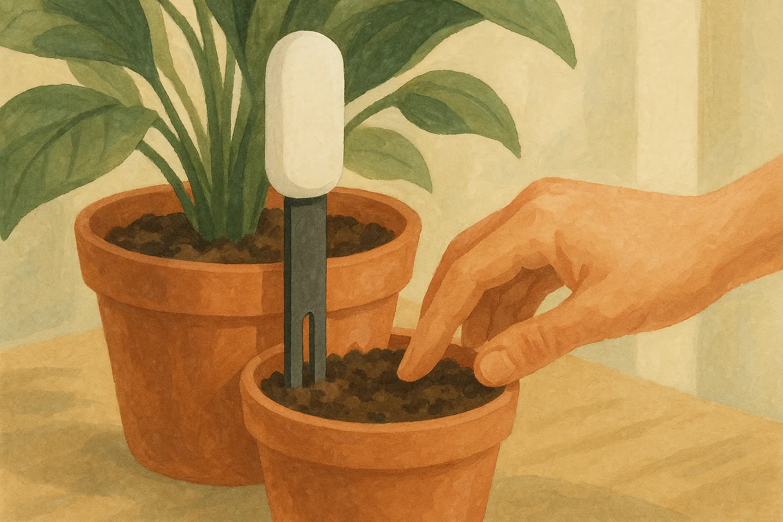 Checking the soil moisture of a plant beside a Mi Flora sensor.