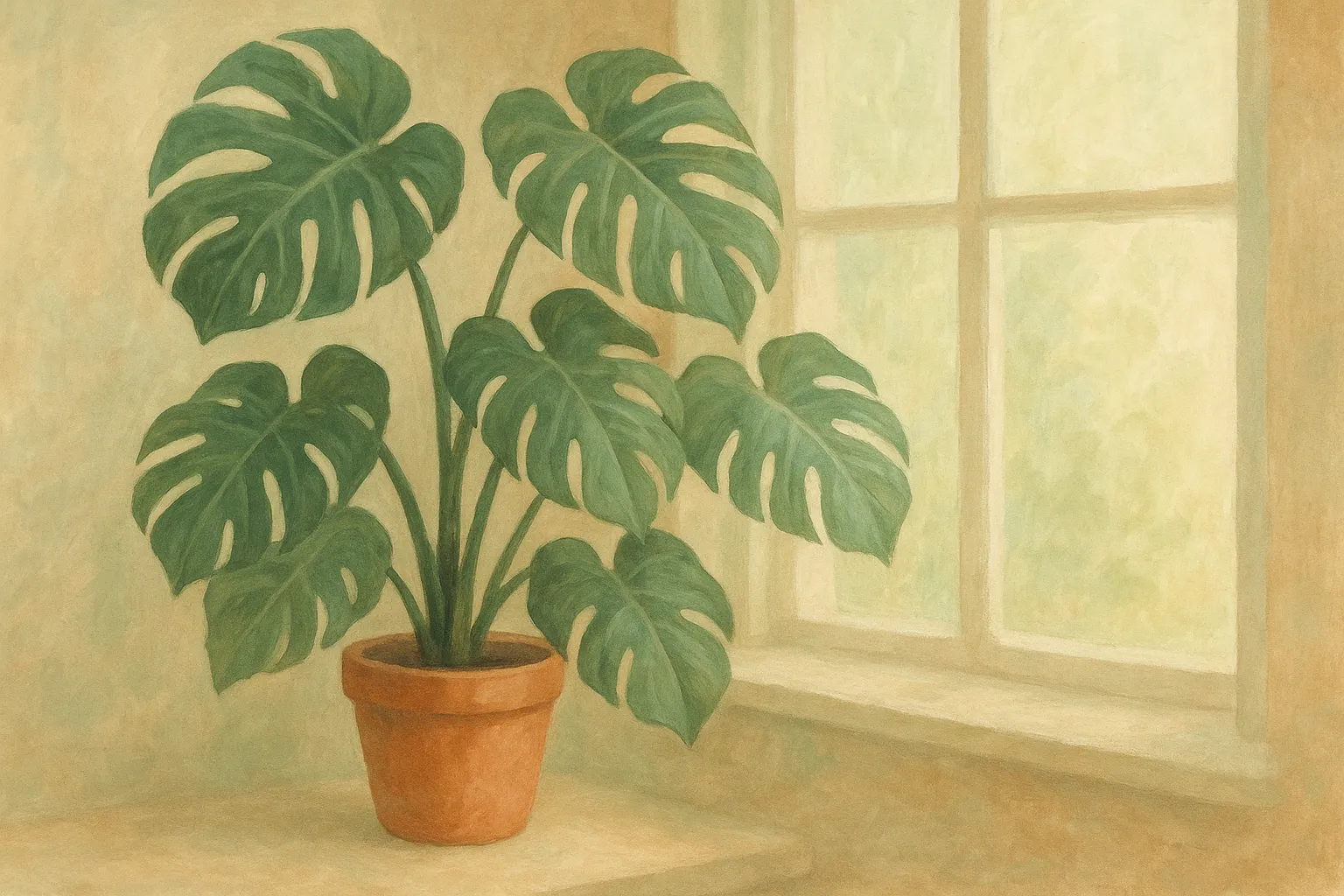 A Monstera deliciosa thriving in bright, indirect light beside a window.