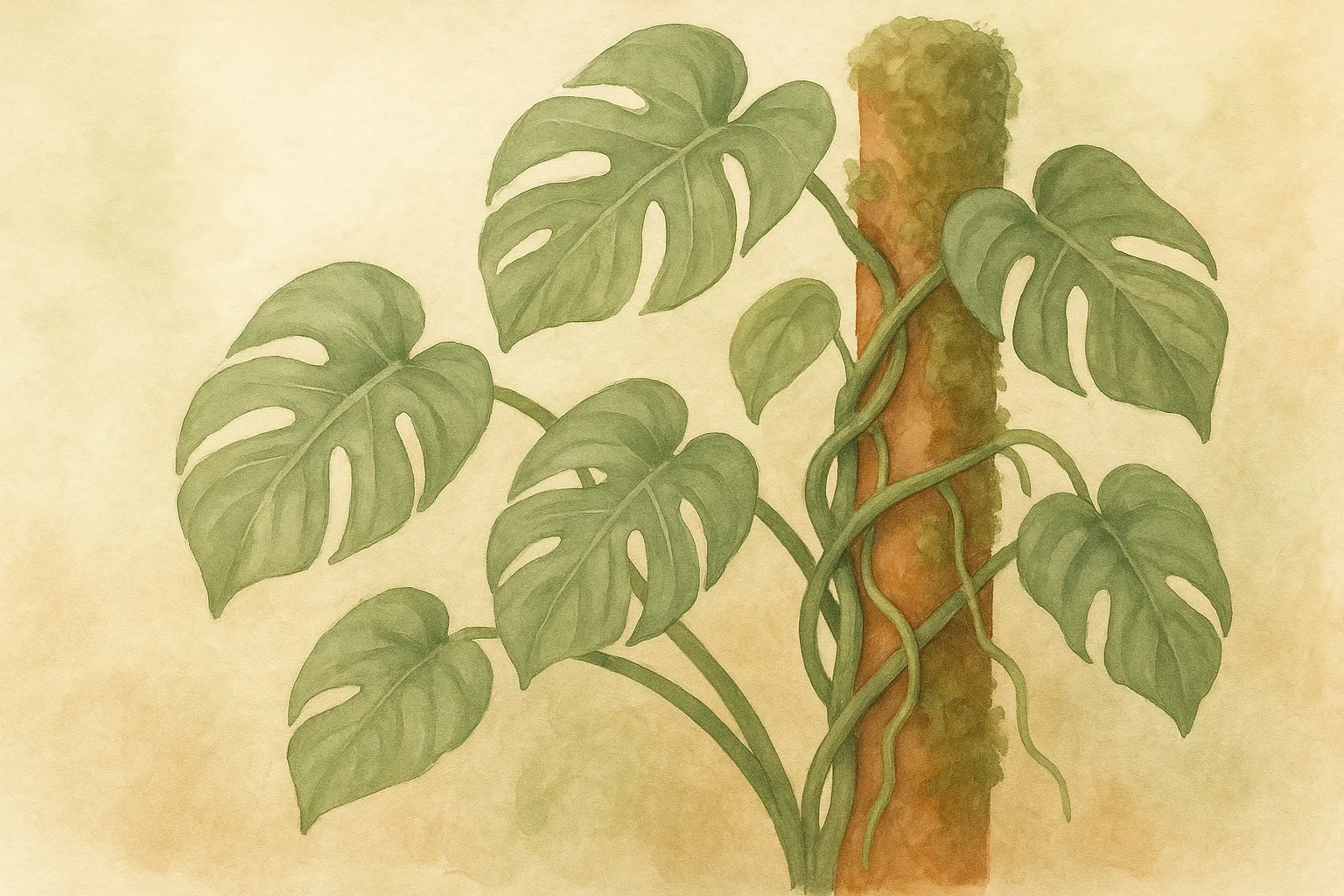 A Monstera climbing a moss pole, its aerial roots gripping the support.