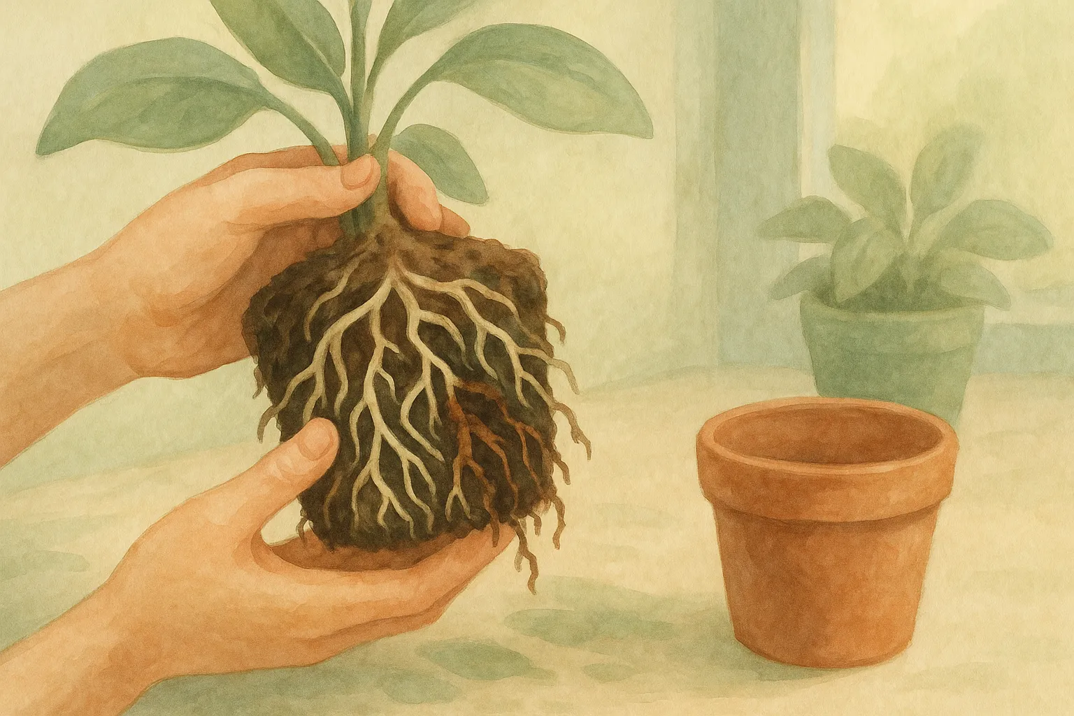 Handen die een plant uit de pot halen om de wortels op rot te controleren.