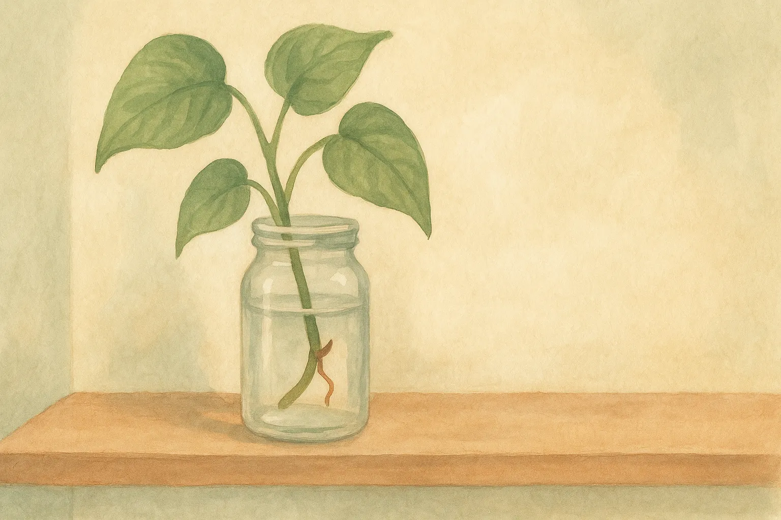 A pothos cutting rooting in a jar of water on a bright windowsill.
