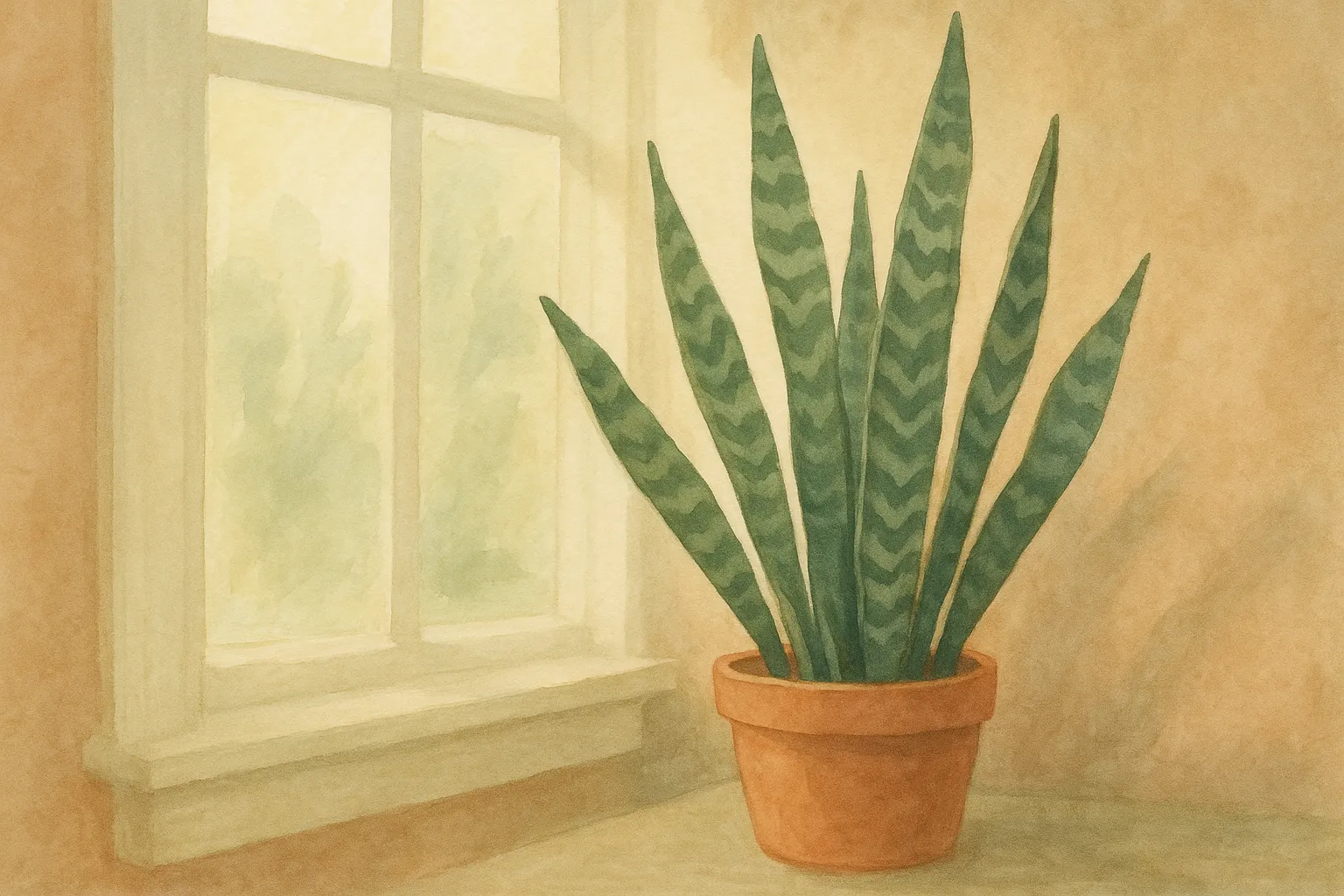 A snake plant with upright leaves in bright, indirect light.