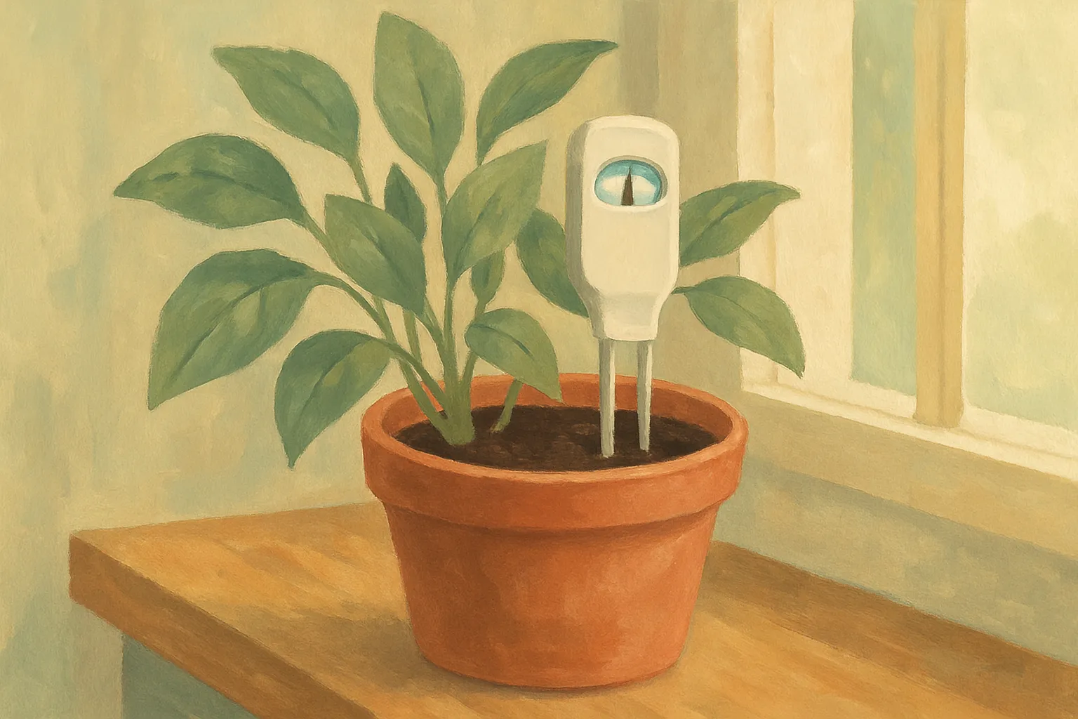 A soil moisture sensor pushed into a terracotta pot beside a healthy houseplant.