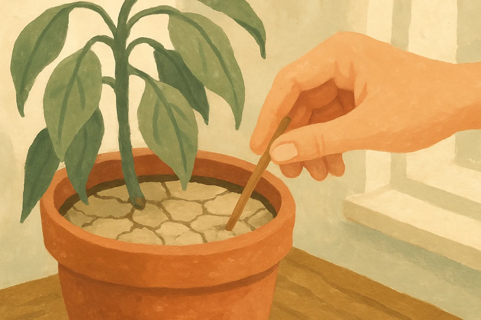A houseplant with dry, crisp, curling leaves next to a pot of pale, cracked soil.