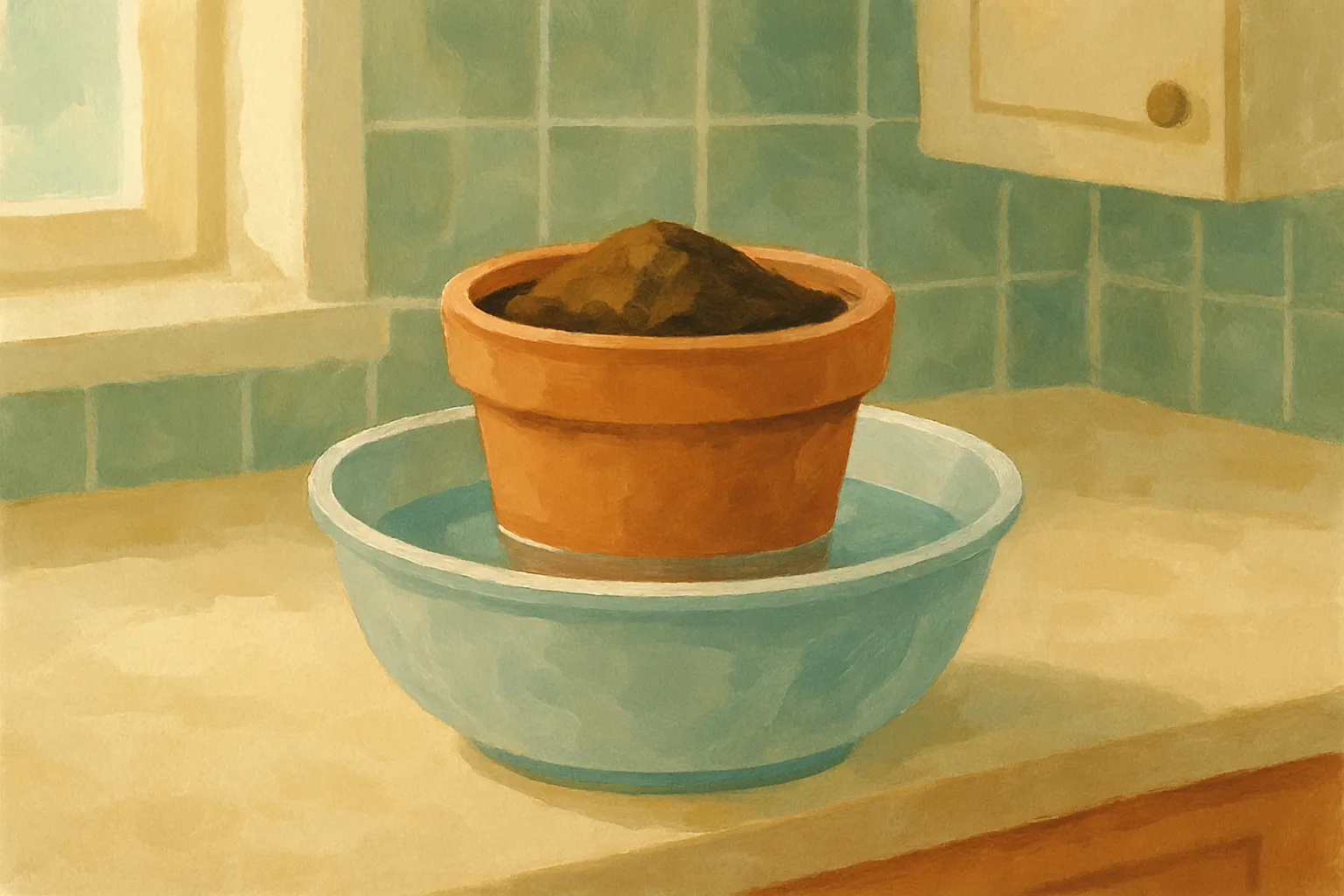 A plant pot sitting in a basin of water so the dry soil can soak up moisture from below.