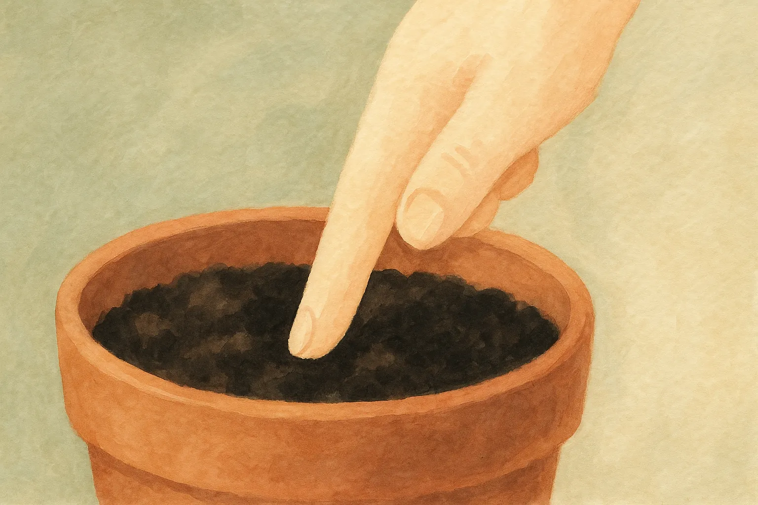 Een vinger die in de grond wordt gestoken om te voelen of die is opgedroogd.
