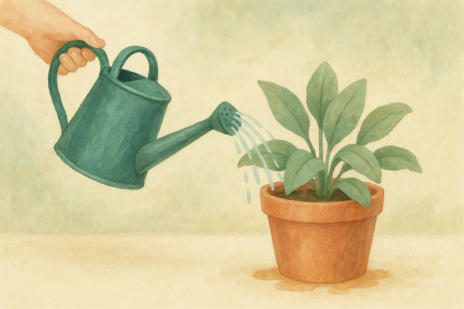Een gieter die gelijkmatig water uitgiet over een kamerplant in een pot.