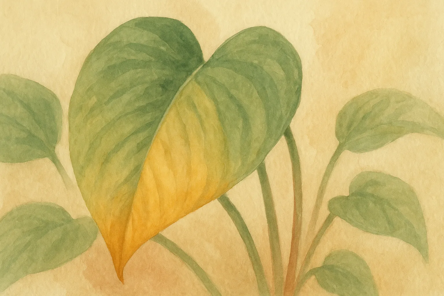 A houseplant leaf slowly turning yellow.