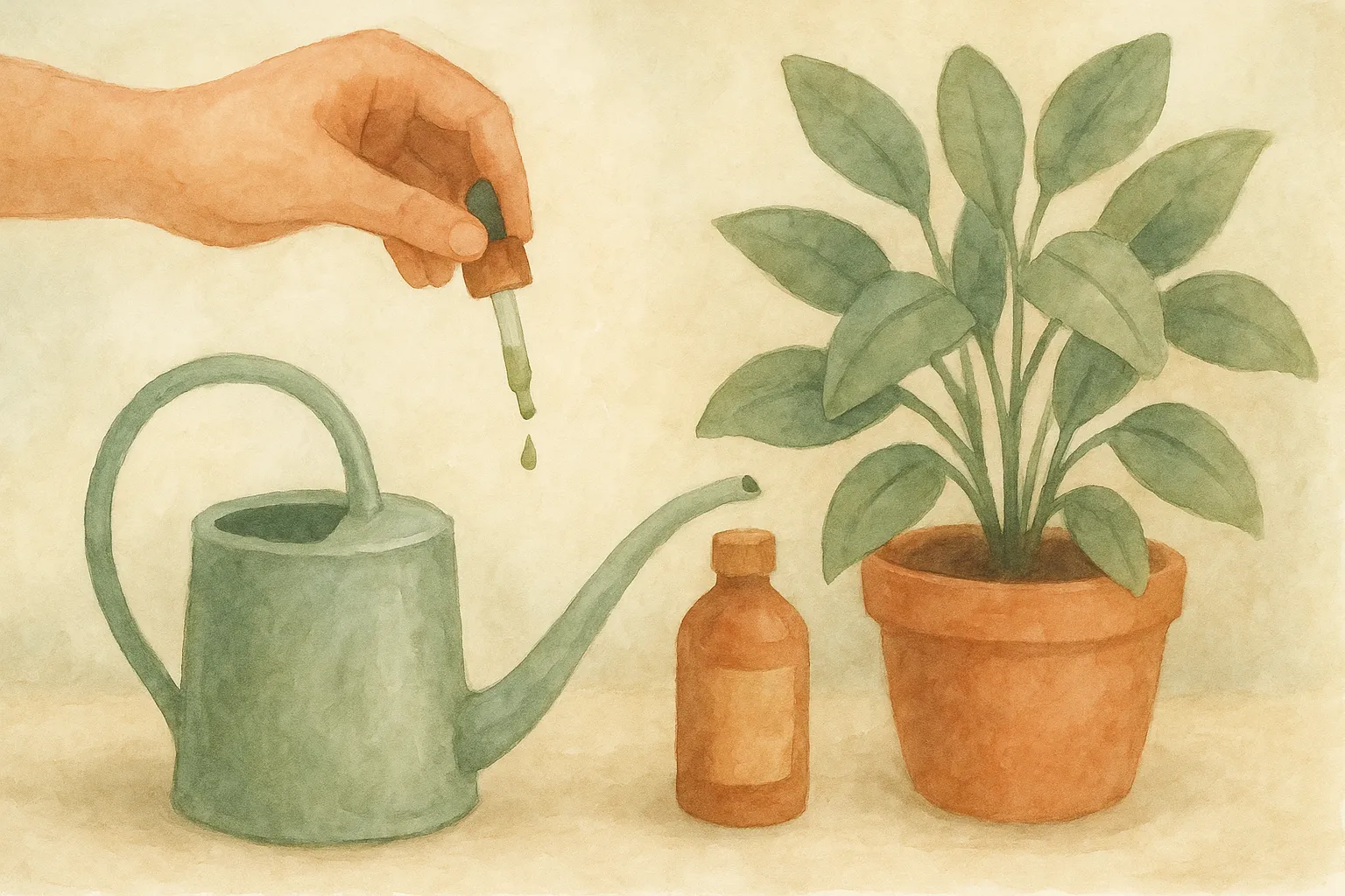 Liquid fertilizer being added to a watering can to feed a plant.
