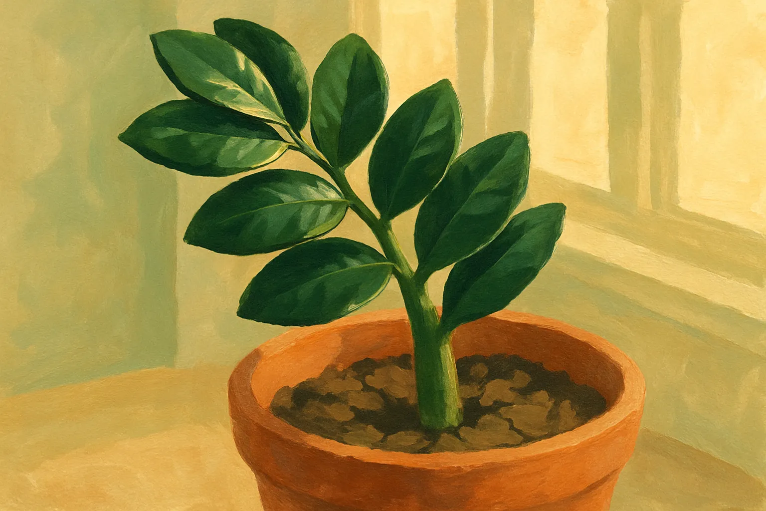 Close-up of glossy ZZ plant leaves in a terracotta pot.